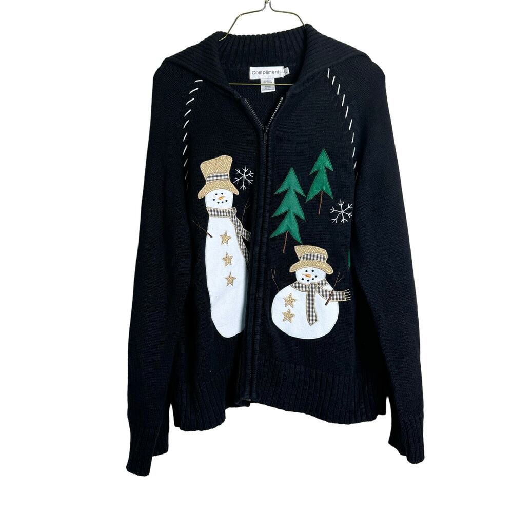 Compliments black zip front holiday winter Snowman cardigan Jacket Large